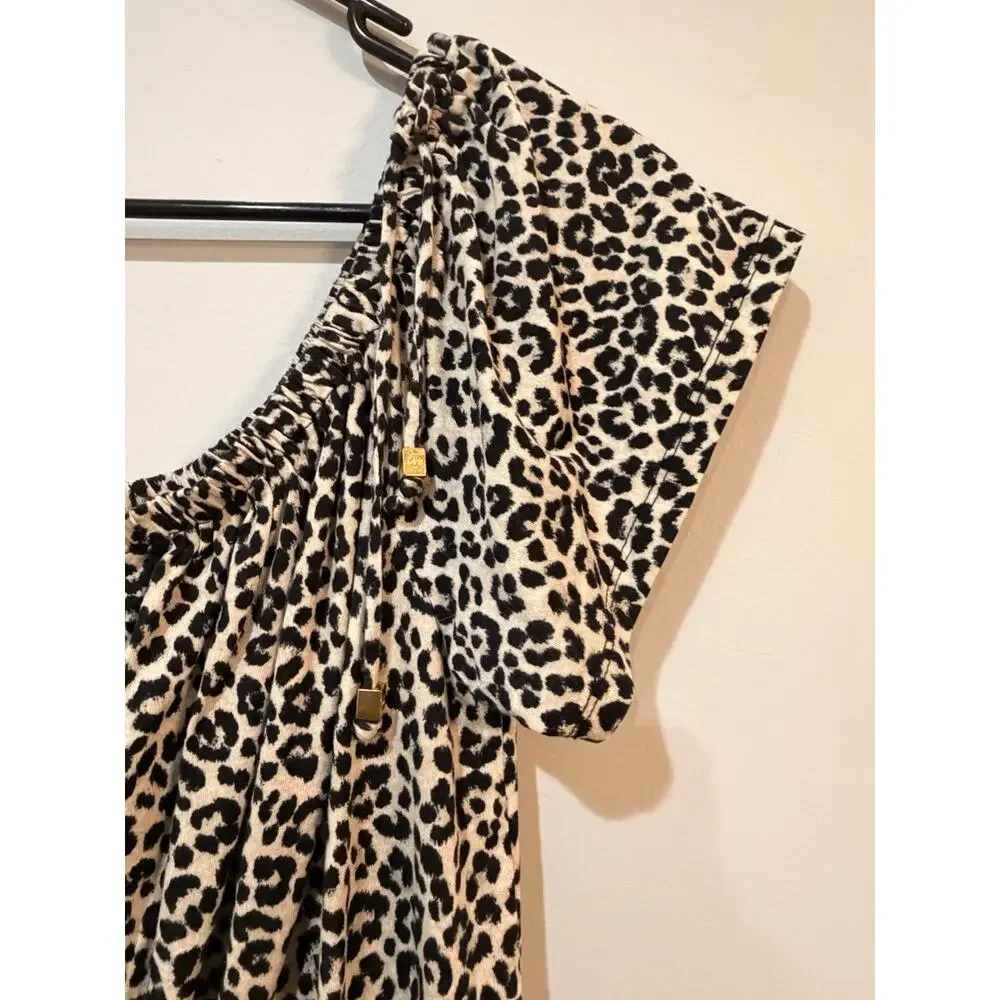 Michael Kors Leopard Print Ruched Peasant Top Women’s Large Short Sleeve Stretch